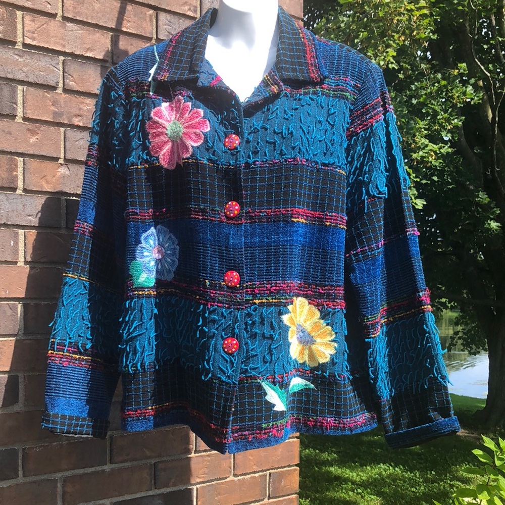 Teal & Black Floral Embroidered Women's Jacket